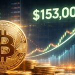 Bitcoin físico frente a gráficos alcistas proyectando un precio de USD 153.000 para finales de 2026.