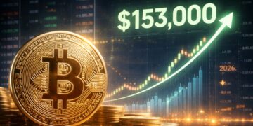 Bitcoin físico frente a gráficos alcistas proyectando un precio de USD 153.000 para finales de 2026.