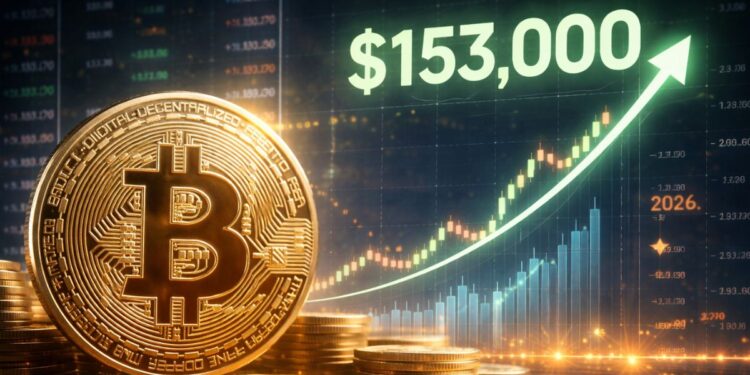 Bitcoin físico frente a gráficos alcistas proyectando un precio de USD 153.000 para finales de 2026.
