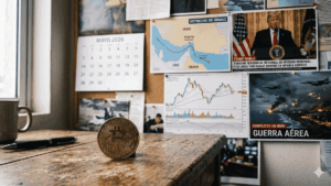 En primer plano: moneda de bitcoin sobre una mesa. En el fondo: imágenes de guerra en irán, un calendario de mayo de 2026 y una foto del presidente Trump hablando.