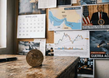 En primer plano: moneda de bitcoin sobre una mesa. En el fondo: imágenes de guerra en irán, un calendario de mayo de 2026 y una foto del presidente Trump hablando.