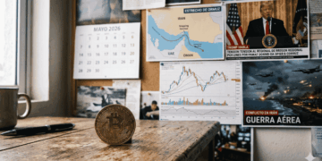 En primer plano: moneda de bitcoin sobre una mesa. En el fondo: imágenes de guerra en irán, un calendario de mayo de 2026 y una foto del presidente Trump hablando.