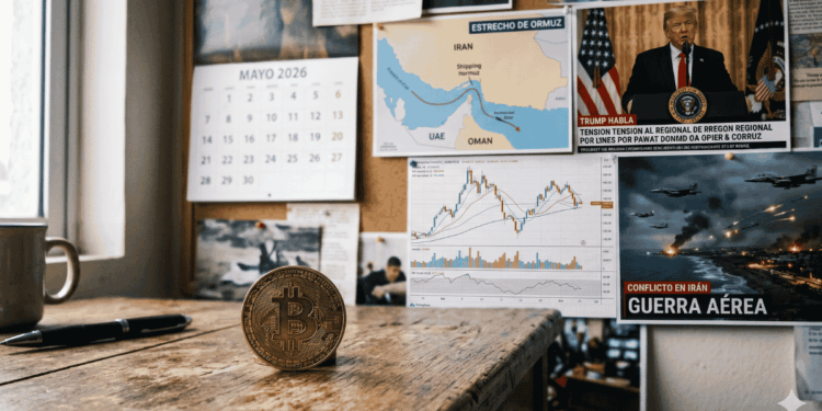 En primer plano: moneda de bitcoin sobre una mesa. En el fondo: imágenes de guerra en irán, un calendario de mayo de 2026 y una foto del presidente Trump hablando.