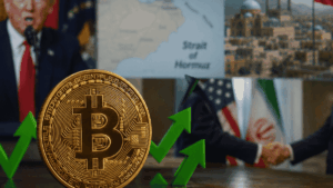 En primer plano: moneda de bitcoin. En el fondo: imágenes del presidente Trump, mapa del estrecho de Ormuz, paisaje de Irán y apretón de manos entre funcionarios.