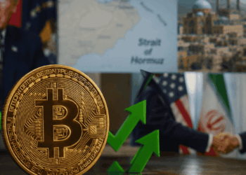 En primer plano: moneda de bitcoin. En el fondo: imágenes del presidente Trump, mapa del estrecho de Ormuz, paisaje de Irán y apretón de manos entre funcionarios.