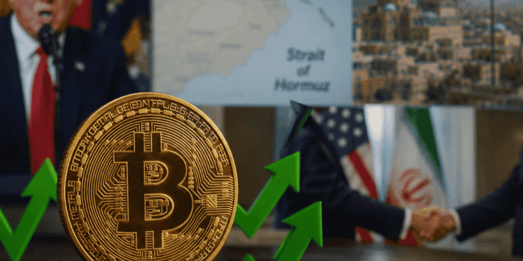 En primer plano: moneda de bitcoin. En el fondo: imágenes del presidente Trump, mapa del estrecho de Ormuz, paisaje de Irán y apretón de manos entre funcionarios.