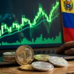 Monedas de USDT con el fondo gráficas verdes y la bandera de Venezuela