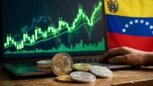 Monedas de USDT con el fondo gráficas verdes y la bandera de Venezuela