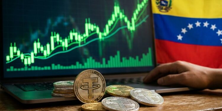 Monedas de USDT con el fondo gráficas verdes y la bandera de Venezuela