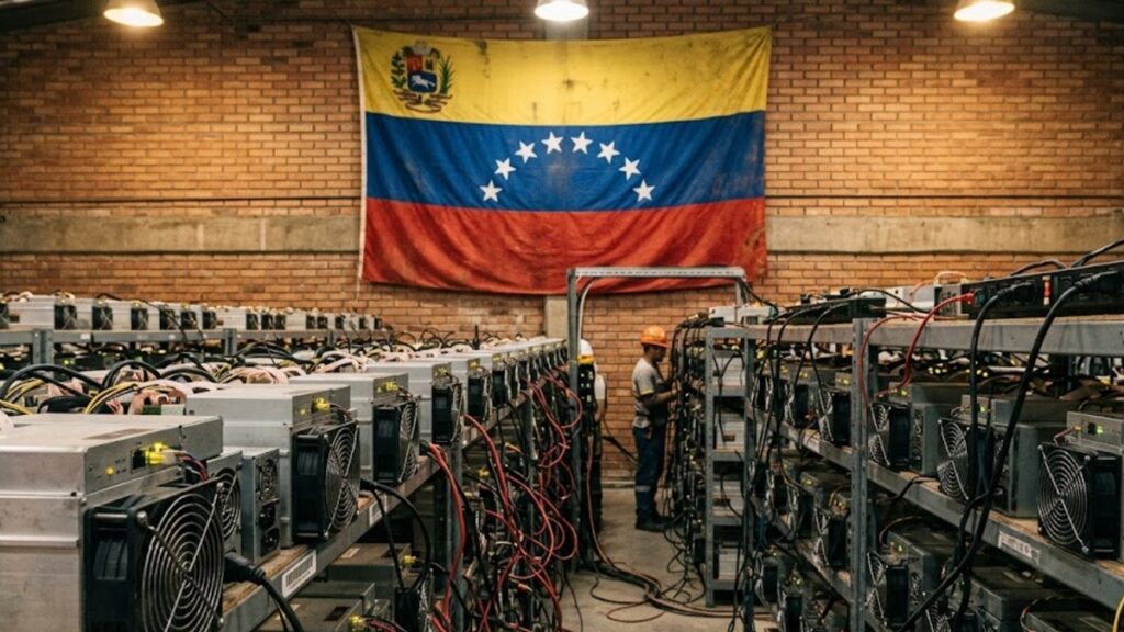 Mineros ASIC S9 de Bitcoin con la bandera de Venezuela en el fondo.