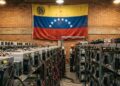 Mineros ASIC S9 de Bitcoin con la bandera de Venezuela en el fondo.