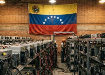 Mineros ASIC S9 de Bitcoin con la bandera de Venezuela en el fondo.