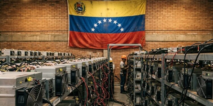Mineros ASIC S9 de Bitcoin con la bandera de Venezuela en el fondo.