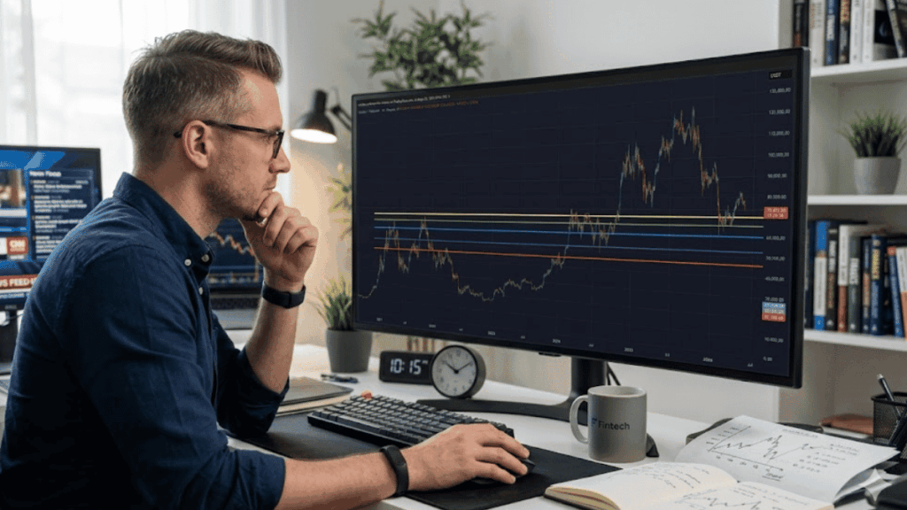 Trader mirando gráfico de precio con próximos soportes en el monitor de su computadora.