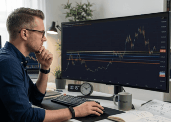Trader mirando gráfico de precio con próximos soportes en el monitor de su computadora.
