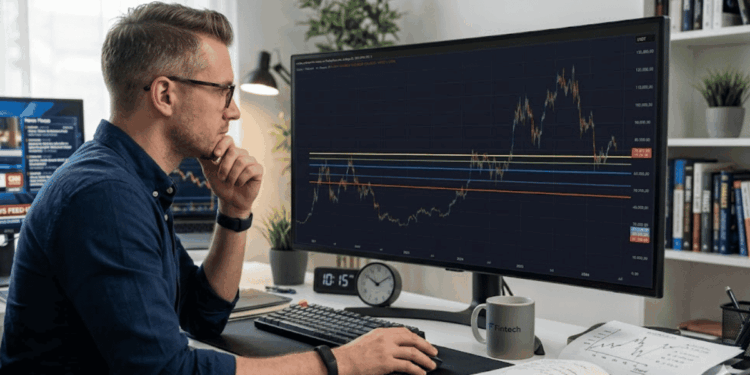 Trader mirando gráfico de precio con próximos soportes en el monitor de su computadora.