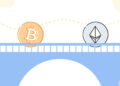 Un dibujo de un puente, una moneda de bitcoin y otra moneda de ethereum