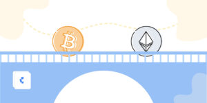 Un dibujo de un puente, una moneda de bitcoin y otra moneda de ethereum