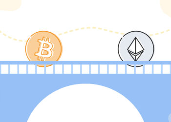 Un dibujo de un puente, una moneda de bitcoin y otra moneda de ethereum