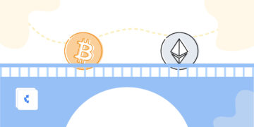 Un dibujo de un puente, una moneda de bitcoin y otra moneda de ethereum