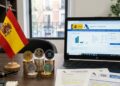 Criptomonedas con la bandera de España y una laptop que muestra el portal de la Agencia Tributaria, con anteojos, papeles y lapiceros, sobre un escritorio.