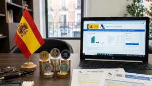 Criptomonedas con la bandera de España y una laptop que muestra el portal de la Agencia Tributaria, con anteojos, papeles y lapiceros, sobre un escritorio.