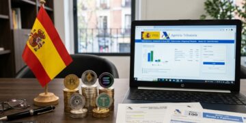 Criptomonedas con la bandera de España y una laptop que muestra el portal de la Agencia Tributaria, con anteojos, papeles y lapiceros, sobre un escritorio.