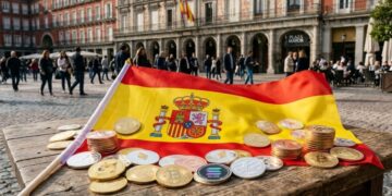 Criptomonedas alrededor de la bandera de España sobre una mesa de madera en una plaza de Madrid.