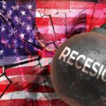 bola demoledora de la Recesión rompiendo pared con bandera de Estados Unidos, dólar estadounidense y mercado