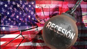 bola demoledora de la Recesión rompiendo pared con bandera de Estados Unidos, dólar estadounidense y mercado