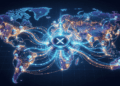Un mapa del mundo. En el centro se ve el logo de Ripple y flechas que salen en varias direcciones hacia bancos ubicados en varios países.
