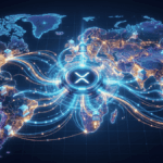 Un mapa del mundo. En el centro se ve el logo de Ripple y flechas que salen en varias direcciones hacia bancos ubicados en varios países.