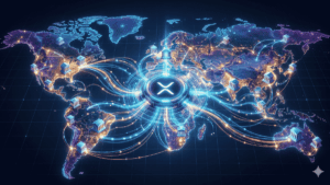 Un mapa del mundo. En el centro se ve el logo de Ripple y flechas que salen en varias direcciones hacia bancos ubicados en varios países.