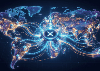 Un mapa del mundo. En el centro se ve el logo de Ripple y flechas que salen en varias direcciones hacia bancos ubicados en varios países.