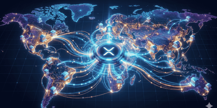 Un mapa del mundo. En el centro se ve el logo de Ripple y flechas que salen en varias direcciones hacia bancos ubicados en varios paรญses.