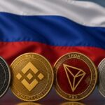 Monedas físicas de solana, bnb, tron y XRP delante de la bandera de Rusia.