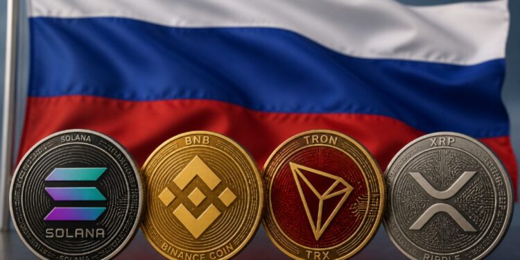 Monedas físicas de solana, bnb, tron y XRP delante de la bandera de Rusia.