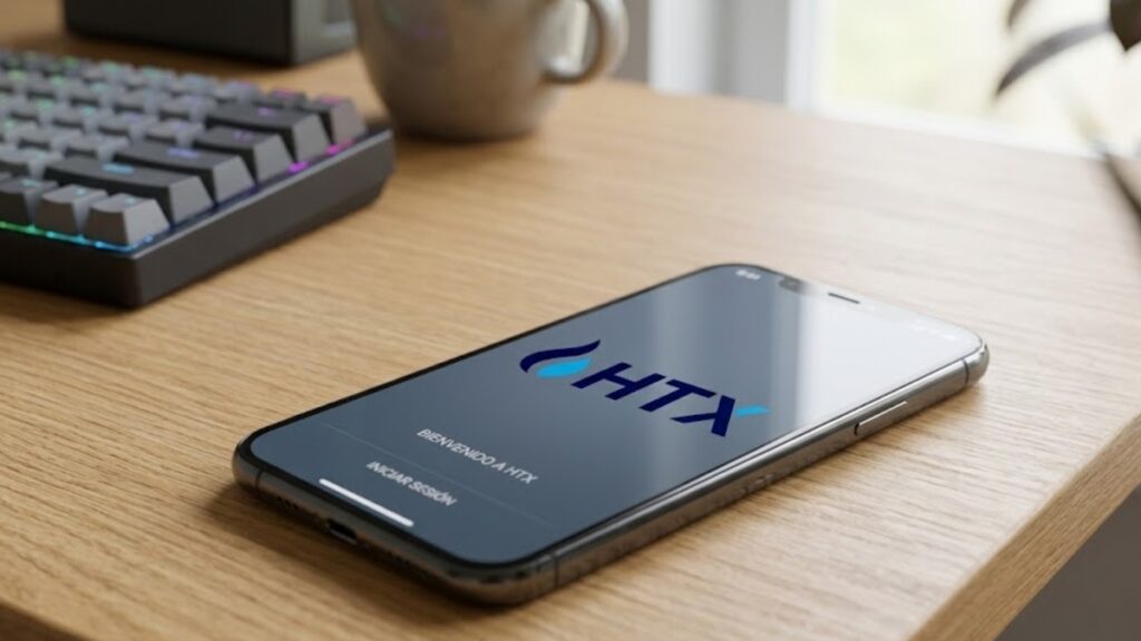 Teléfono sobre una mesa de madera que muestra en su pantalla el logo de HTX.