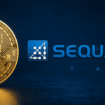 Logo de Sequans y moneda de bitcoi, sobre fondo azul.