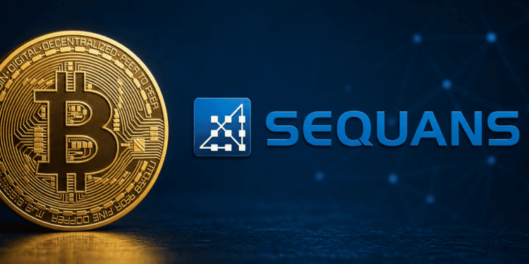 Logo de Sequans y moneda de bitcoi, sobre fondo azul.