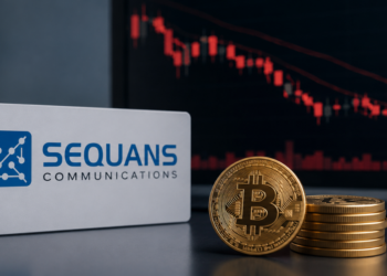 Logo de Sequans, unas velas en rojo y bitcoin.