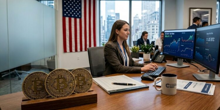 Monedas de bitcoin en una oficina de banco con la bandera de EE. UU. en el fondo.