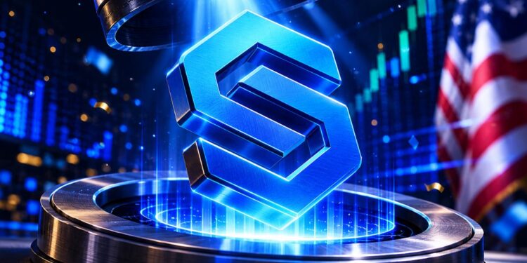 El logo de Sharplink rodeado de gráficos y la bandera de Estados Unidos.