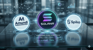 Monedas con los logos de Solana, Amundo y Spiko
