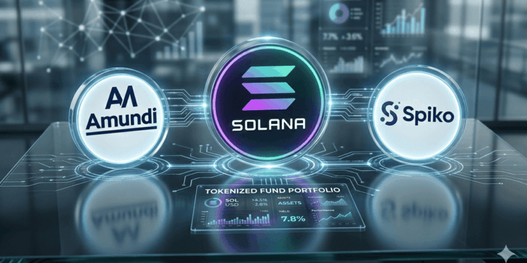 Monedas con los logos de Solana, Amundo y Spiko