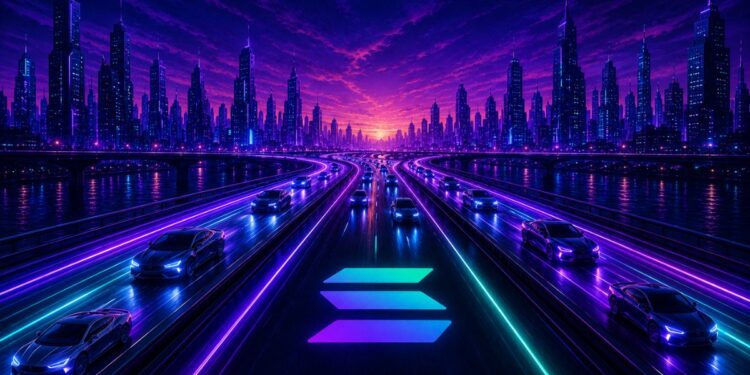 El logo de solana sobre el asfalto de una autopista.