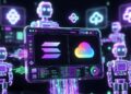 Imagen futurista del lanzamiento de la pasarela de pagos con IA de Solana y Google Cloud, con logos oficiales y agentes inteligentes holográficos.