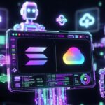 Imagen futurista del lanzamiento de la pasarela de pagos con IA de Solana y Google Cloud, con logos oficiales y agentes inteligentes holográficos.