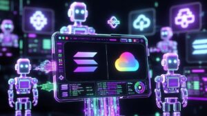Imagen futurista del lanzamiento de la pasarela de pagos con IA de Solana y Google Cloud, con logos oficiales y agentes inteligentes hologrรกficos.