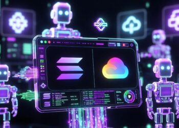 Imagen futurista del lanzamiento de la pasarela de pagos con IA de Solana y Google Cloud, con logos oficiales y agentes inteligentes holográficos.